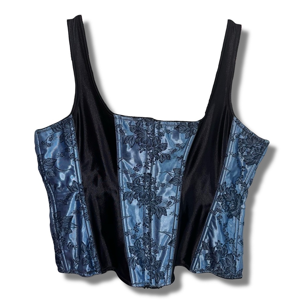 Vintage Blue and Black Floral Bustier Corset Top